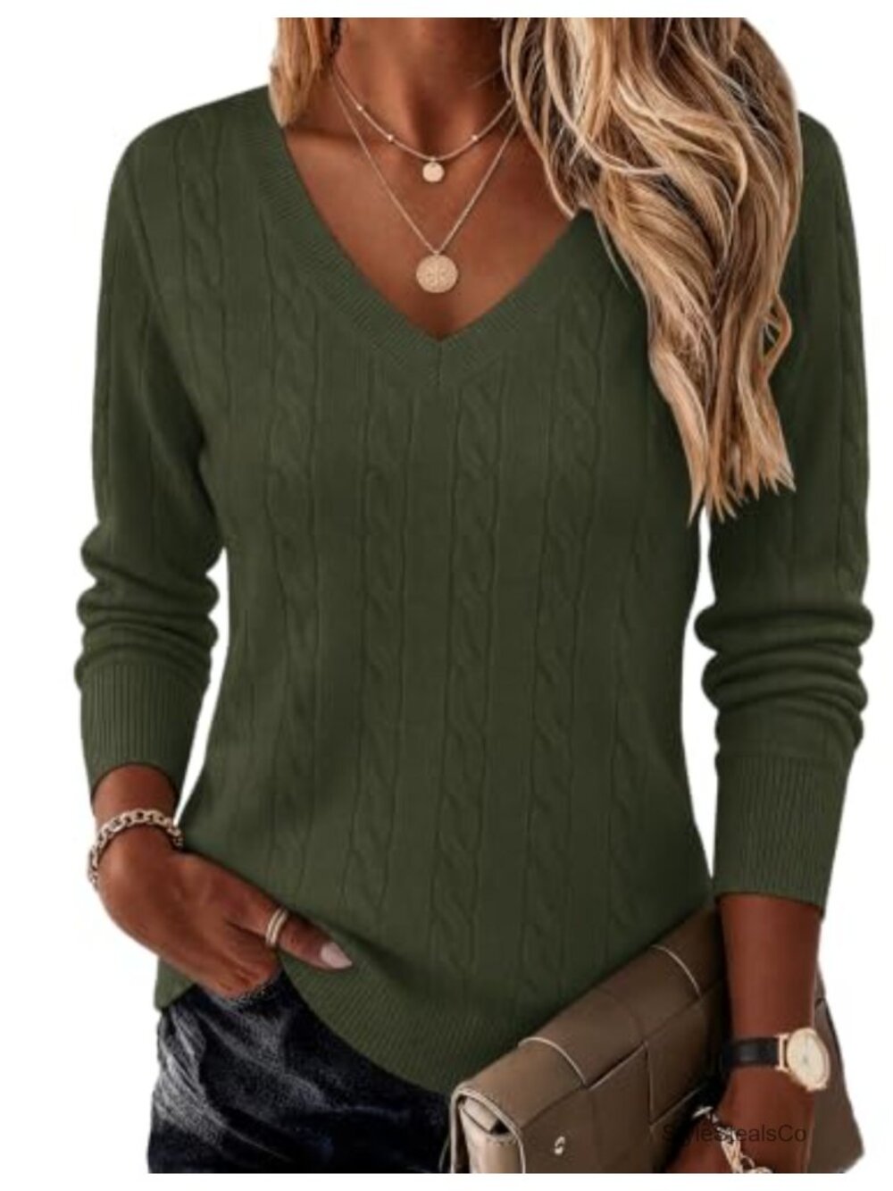 Ekouaer Cable Knit V Neck Long Sleeve Sweater